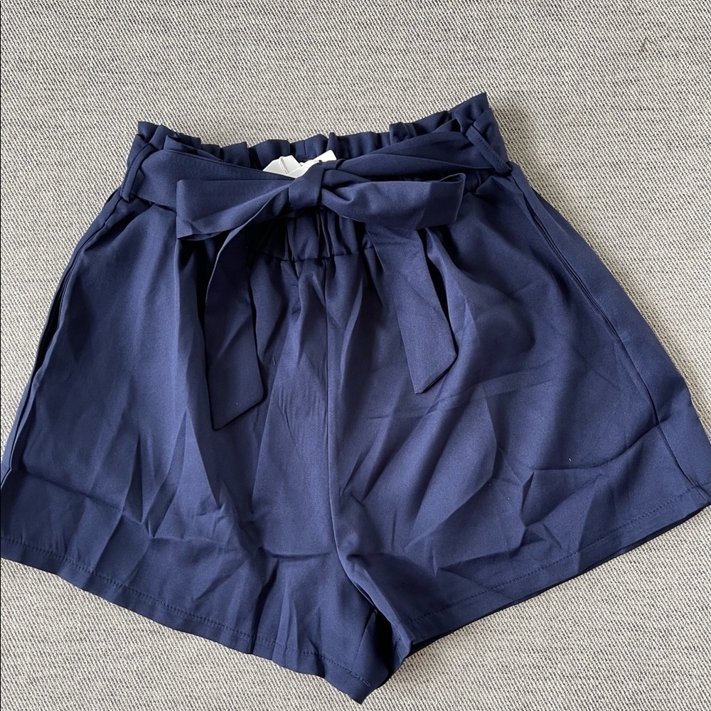 navy blue casual paper bag shorts with bow - Picture 4 of 5